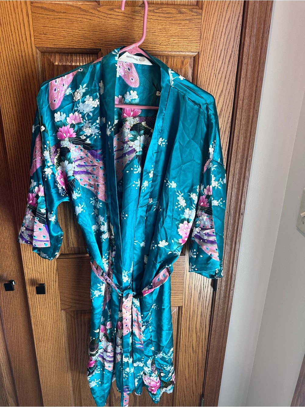 Teal Silky Kimono Robe Japanese Cherry Blossoms Peacock Sz Medium